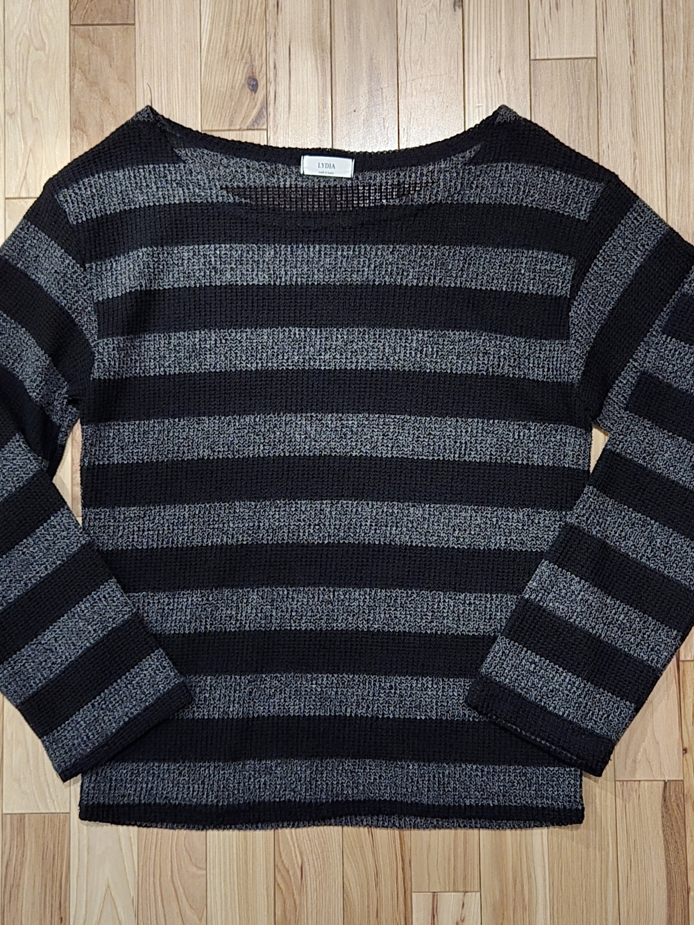black & grey striped off the shoulder knitted lightweight lonsleeve sweater
